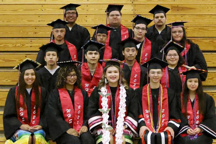 Class of 2025 Indingenous Graduates honored during Feather Ceremony. In the order of the back to the front row, back row from left: Max Greger, Curtis Hare and Jameson Fying Hawk. Next row from left: Gabriel Houseman, Glen Weston, Vincent Bruguier and Jul