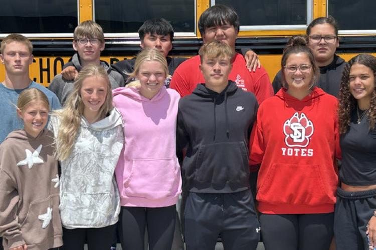 Back row, from left: Isaiah Milk, AJ Johnson, Sabas DeHaan, Luke Dangel, Jamian Medicine Horn, Ty Archambeau (relay alternate), Kashton Garcia, Madilyn Janis and Cambria Ronfeldt. Front, from left: Sophia Nelson (4x100 and 4x200 alternate), Lilly Niewenhu