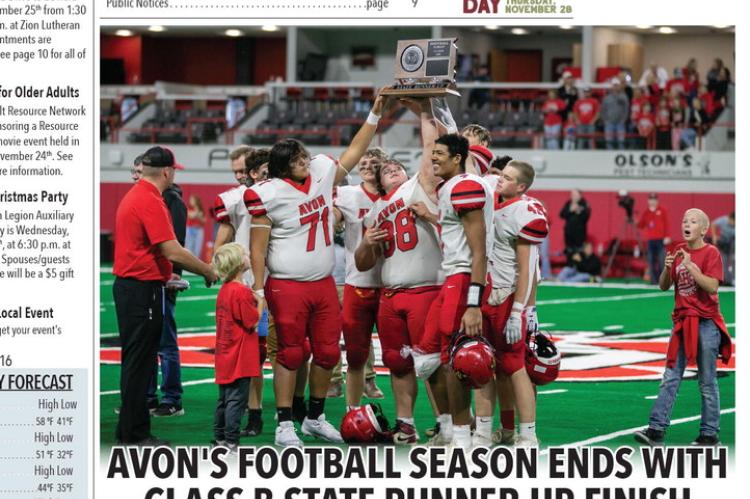 AVON'S FOOTBALL SEASON ENDS WITH CLASS B STATE RUNNER-UP FINISH