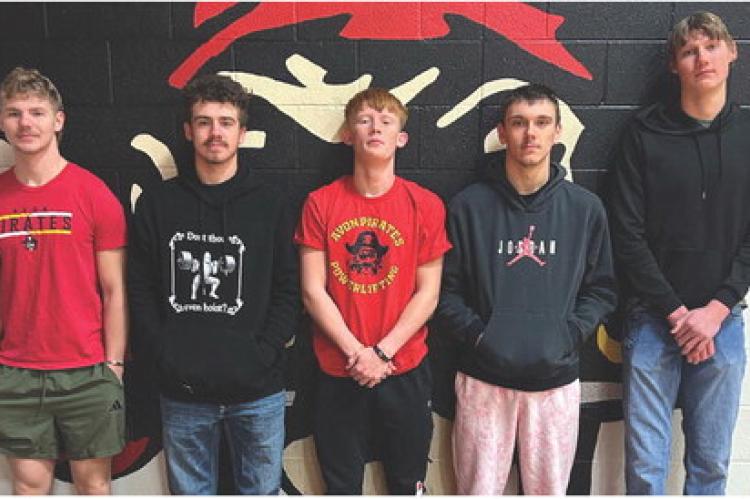 Powerlifters are, from left: Lance Odens, Treyvan Talsma, Cale Cooper, Mason Jolly, Jamie Pelton. Team members not pictured are: Caleb Tallman, Abegael Odens, and Lexi Vanderlei. Courtesy Photo