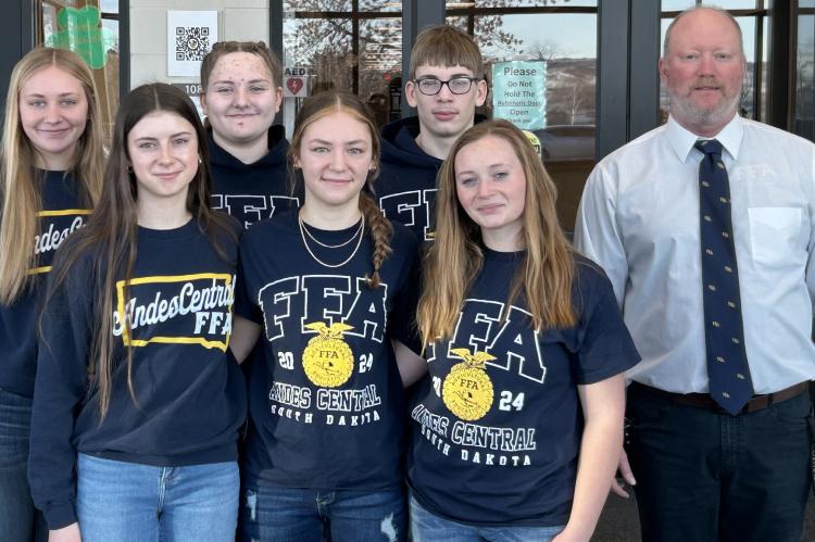 Pictured are, from left: Marin Bultje, Callie Bergin, Taylor Brooks, Madeline Derry, Luke Dangel, Emery Bultje, and FFA Advisor/Andes Central Elementary School Principal, Darren Deneui. Courtesy Photos