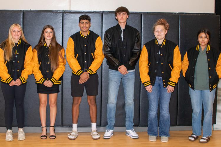 These students received their lettermans jackets they all worked hard to earn. From left: Marin Bultje, Callie Bergin, Edward Ulrich, Isaiah Milk, Taylor Brooks, Adaya Arrow. Photo by Darci Bultje.