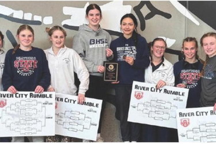 Bon Homme/Scotland/Avon Girls champs at River City Rumble Tournament in Chamberlain. Pictured are, from left: Harper Kracht, Bailey Kemnitz, Hadlee Kracht, Hope Kemnitz, Jasmine Ruelas-Hertz, Ashley Tolsma, Sydney Johnson and Peyton Hellmann. Courtesy Pho