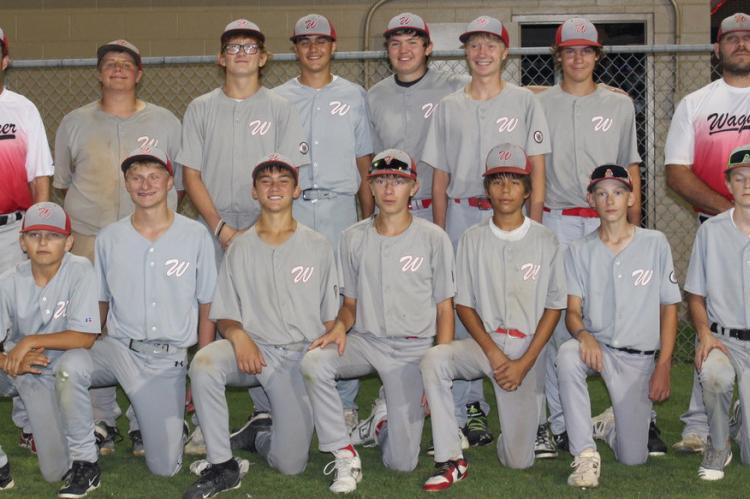 STORY CONTIUNED ON PAGE 9... The Wagner Teener team defeated Elk Point to earn a spot at the State Tournament this coming weekend. Players and coaches are back row, from left: Coach Matt Slaba, Austin DeVries, Mason Milk, Jackson Woods, Landon Ronfeldt, C