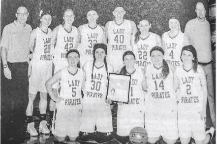 Avon Lady Pirates District 12B Champion team members are, back row from left: Coach Brad Poppe, Lauren Sees, Kacie Mudder, Livi Jurrens, Heidi Cap, Ashley Cap, Jill Bertus, Asst. Coach Jody Gittings; front row: Hannah Reeves, Cheylee Nagel, Hanna Powers, 