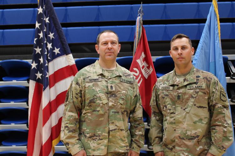 Sergeant Major Scott Seiner and First Sergeant Brandon Eggers were promoted in a dual ceremony at the 211th Engineer Company in Madison, SD on June 14, 2025. Courtesy photo.