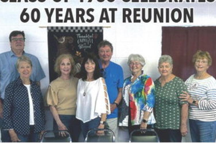 Gathering classmates were, from left: Keith Boese, Kristi Borin Zimmerman, Bonnie Lagendy K Boese, June Schaefer Ulrich, Ken Ulrich, Diane Fees Borin, Sondra Pudwill Brandt, and Linda Fryda Jonker. Not pictured: John Lamb. Courtesy Photo