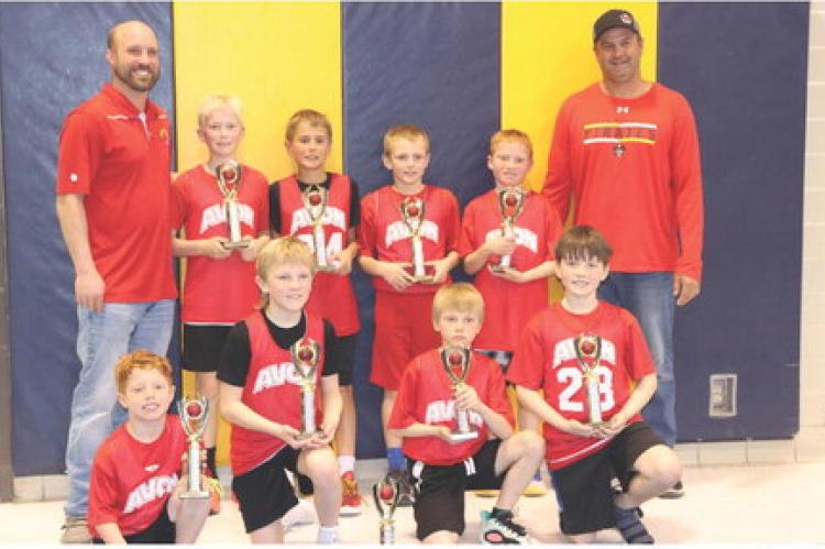 Team members with their 2nd place trophiers are, back row from left: Coach Nathan Schultz, Jaden Ratzlaff, Dayton Brandt, Cowan Wolf, Beckett Schultz, and Coach Dwight Brandt; front row: Braxton Schultz, Tyson Voigt, Eli Olson, and Finn Rush. Courtesy Pho