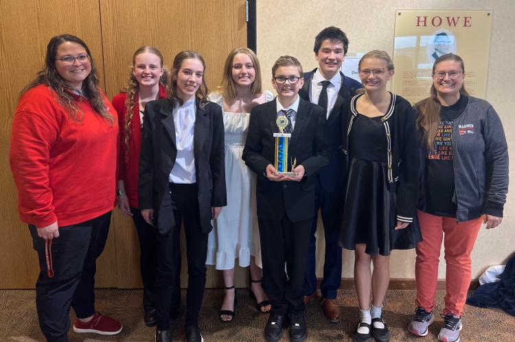 Oral Interp Coach Libby Renbarger announced there was a change and now the whole Oral Interp team has made it to State. The team will perform in Sturgis on Friday and Saturday. The Oral Interp team members are, from left: Coach Libby Renbarger, Presley Sl