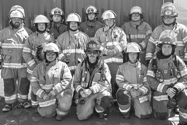 Firefighters completing training are back row from left: Danny Hjelm, Logan VanPelt, Braden Hawley, and Trey Heckenlaible; middle row from left: Matt Lehman, Jacob Wenzlaff, Lake Andes Chief Rod Bergin who assisted with class, and Will Bennett; front row 