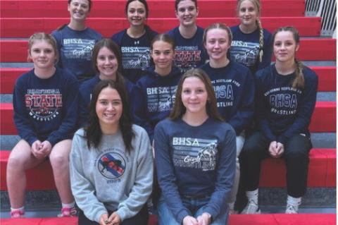Bon Homme/Scotland/Avon Girls, back row: Ashley Tolsma, Jasmine Ruelas-Hertz, Hope Kemnitz, Hadlee Kracht; middle row: Bailey Kemnitz, Harper Kracht, Sydney Johnson, Peyton Hellmann, Britney Rueb; front row (stats); Mylee Branaugh, Leah Whittington. Court