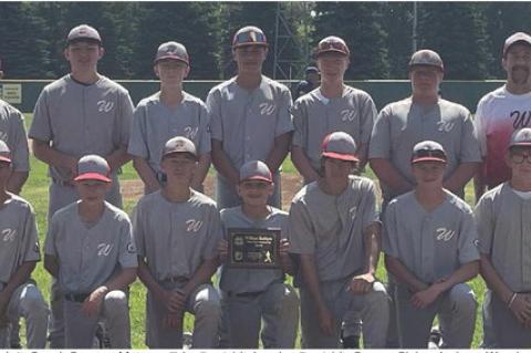 14U team members are, back row from left: Coach Samson Metzger, Tyler Ronfeldt, Landon Ronfeldt, Cooper Slaba, Jackson Woods, Connor Gabel, Austin DeVries, Coach Matt Slaba, and VFW Rep. David Grantham; front row: Colton Zephier, Jacob Kotab, Ruger Loeffl