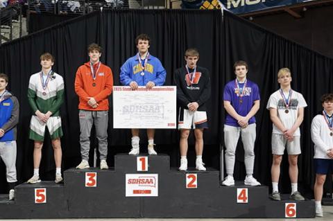 Gannon Knebel on the podium earning 2nd at the State Wrestling Tournament held in Rapid City last week. Congratulations Gannon! Courtesy Photo