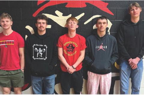 Powerlifters are, from left: Lance Odens, Treyvan Talsma, Cale Cooper, Mason Jolly, Jamie Pelton. Team members not pictured are: Caleb Tallman, Abegael Odens, and Lexi Vanderlei. Courtesy Photo