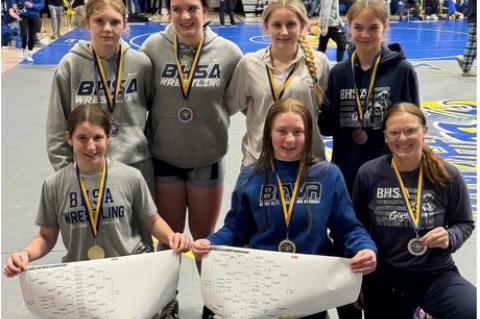 BHSA Medalists at Aberdeen Girls Wrestling Tournament, back row: Bailey Kemnitz-4th at 132, Hope Kemnitz-3rd at 185, Hadlee Kracht-2nd at 126, Sydney Johnson-6th at 100; front row: Harper Kracht-1st at 120, Peyton Hellmann-1st at 145, Ashley Tolsma-2nd at