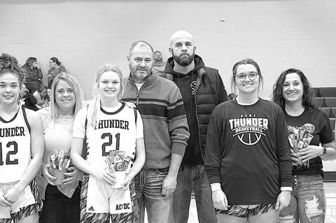 Pictured are seniors, from left: Mahpiya Irving (sister of Mia Fischer and neice of Dayla Picotte), Amy Emerson, Leah Brown (granddaughter of Amy Emerson and friend of Kassandra Traversie), Josie Brouwer (daughter of Jessica Brouwer and Heath Brouwer), Ga