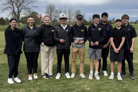 JV/Varsity Golfers competed at Gregory. Pictured are, from left: Cheyenne Siems, Zoey DeHaan, Taylor Brooks, Aiden Thompson (earned 3rd place), Tate Kactzor (earned 7th place), Lane Niewenhuis (earned 13th place), Justin St. Pierre, Tyler Ronfeldt, and Landon Ronfeldt.