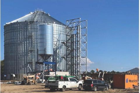 One of the two new grain bins being constructed at Farmers Pride Coop. Photo by Scott Pechous