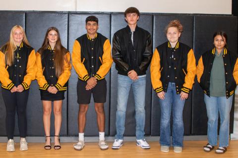 These students received their lettermans jackets they all worked hard to earn. From left: Marin Bultje, Callie Bergin, Edward Ulrich, Isaiah Milk, Taylor Brooks, Adaya Arrow. Photo by Darci Bultje.