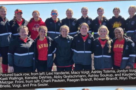 Pictured back row, from left: Lexi Vanderlei, Macy Voigt, Ashley Tolsma, Jordyn Voigt, Kaeli Wallinga, Kensley DeVries, Abby Gretschmann, Ashley Soukup, and Kaydence Metzger. Front, from left: Charli Paulsen, Raegan Brandt, Rowan Brandt, Rilyn Thury, Brie