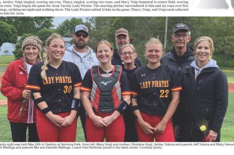 Parents night was held May 24th in Yankton at Sertoma Park. From left: Macy Voigt and mother, Christena Voigt, Ashley Tolsma and parents Jeff Tolsma and Misty Hanvey, Kaeli Wallinga and parents Mel and Danielle Wallinga. Coach Paul Kuhlman joined in the b