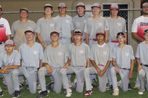 STORY CONTIUNED ON PAGE 9... The Wagner Teener team defeated Elk Point to earn a spot at the State Tournament this coming weekend. Players and coaches are back row, from left: Coach Matt Slaba, Austin DeVries, Mason Milk, Jackson Woods, Landon Ronfeldt, C