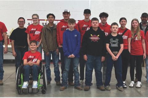 Avon students competed in the State Archery Tournament in Yankton on Friday, March 20th. Competing were, back row from left: Coach Troy Soukup, Johanna Namminga, Haley Brandt, Jack Fathke, Trent Soukup, Hoyt Brandt, Aaden Kuchta, Ashley Soukup, Abegael Odens, Coach Chuck Zacharias, and Ava Johnson; front row from left: Bennett Vavruska, Palmer Podzimek, James Namminga, and Bronc Cihak. Courtesy Photo