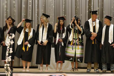 Pictured are the Andes Central School Class of 2025 graduates, from left: Ty Archambeau, Malina Arrow, Leah Brown, Emery Bultje, Mackenzi Johanneson, Kaylise Drappeau, Mahpiya Irving, AJ Johnson, Hunter Loeffler, Syrianna Never Misses A Shot and Muriel Ti