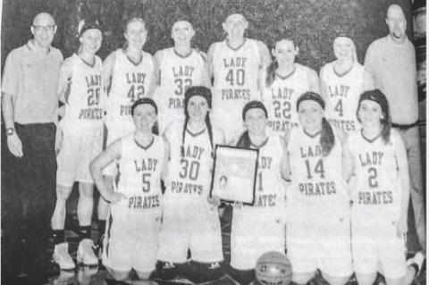 Avon Lady Pirates District 12B Champion team members are, back row from left: Coach Brad Poppe, Lauren Sees, Kacie Mudder, Livi Jurrens, Heidi Cap, Ashley Cap, Jill Bertus, Asst. Coach Jody Gittings; front row: Hannah Reeves, Cheylee Nagel, Hanna Powers, 