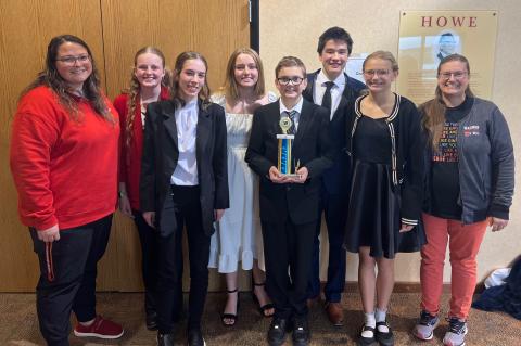 Oral Interp Coach Libby Renbarger announced there was a change and now the whole Oral Interp team has made it to State. The team will perform in Sturgis on Friday and Saturday. The Oral Interp team members are, from left: Coach Libby Renbarger, Presley Sl