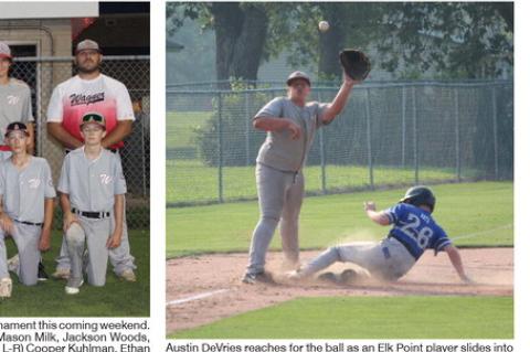 Austin DeVries reaches for the ball as an Elk Point player slides into third. Photos by Jan Martin.