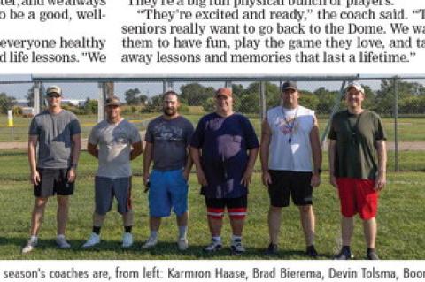 This season's coaches are, from left: Karmron Haase, Brad Bierema, Devin Tolsma, Boomer (Mark) Mudder, Justin Lukkes, and Drew Hento.