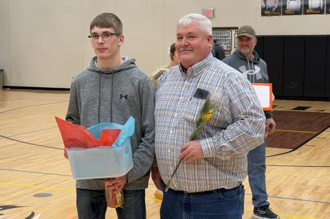 Senior wrestler, Luke Dangel (Son of Mike Dangel and the late Tina Dangel) was honored during Andes Central's Parents Night. Photo by Scott Pechous