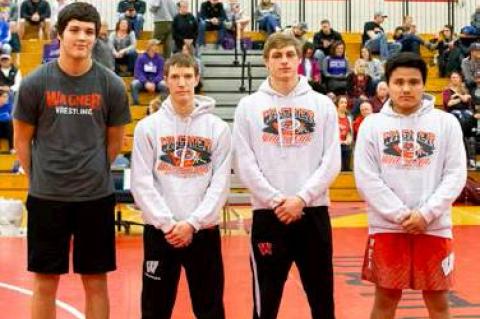 Wrestling in the Wagner Tourney for the last time were seniors, from left: KJ St  . Pierre, Lance Soukup, Preston Nedved and Tony Bruguier  . Devon Medricky and Callie Frei (not pictured)  . Callie, who has been a wrestling statician since 6th grade was a