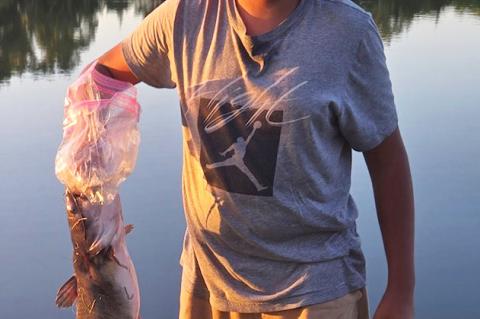 Liam Sixtoes and family enjoy going to the Wagner Lake to fish. After fighting it for some time, Liam was thrilled to have caught a Blue Catfish! What a catch, great job!