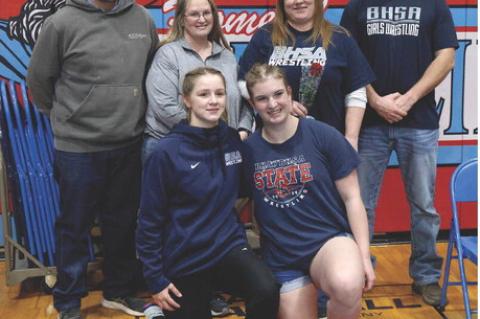 Bon Homme/Avon senior girls wrestling are Britney Rueb (David and Joy Rueb) and Hope Kemnitz (Danae and Travis Kemnitz. Photos by Barb Pechous