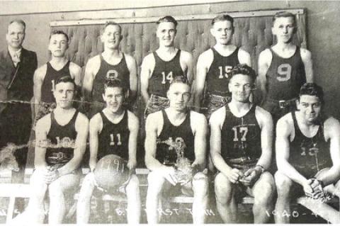 1940-41 Boy's Basketball team. Coach reported starting the year are: Willis Engel, Dewey Olson, James Crosby, Elmer Jurczewsky, Burnell Kelley, Lawrence Burfeindt, Duane Reaney and Ray Haenfler. Joining them later were Elnsphar, Harlen Voight, C. Walkes a