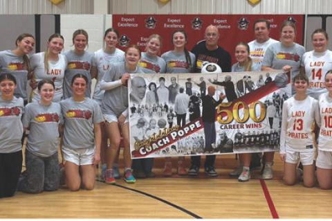 Current team members are, back row from left: Haven Haenfler, Assistant Coach Becky Haenfler, Stella Ratzlaff, Anna Lupi, Jordyn Voigt, Rowan Brandt, Breanna Hento, Jaelin Ratzlaff, Addison Lavell, Coach Poppe, Assistant Coach Don Mudder, Jeanah Ratzlaff,