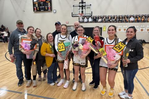 Senior girls basketball players and statistician honored on parents night, pictured from left, were: Cambria Ronfeldt, stats (Andy and Brandi Ronfeldt), Alyssa Middendorp (Bob and Corinne Middendorp), Brooklyn Hubers (Matt and Rachelle Hubers), and Halle 