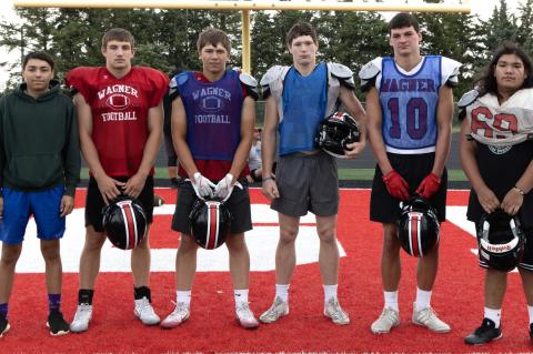 Pictured are Seniors, from left: Octavian Kocer, Gannon Knebel, Slaten Podzimek, Brayden Kreber, Shea Kjeldgaard, and Johnny Red Lightning. Not pictured: Kobe Drapeau.