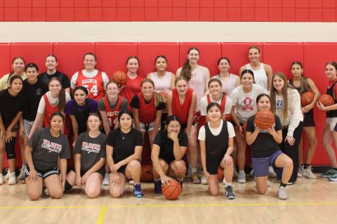 Girls basketball team members, pictured back row, from left: Katrina Zephier, Teagan Langdeaux, Braelyn Scott, Hannah Holzbauer, Mateya Bruguier Rayvn Medricky, Braxton Nedved, Ashlyn Koupal, Ty’Shay Medicine Bear, and Portlyn Jones; middle row, from le