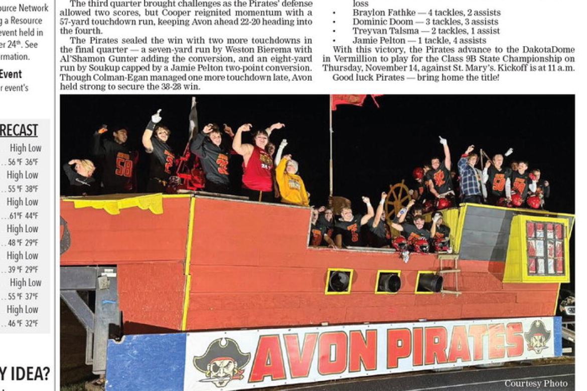 Photos from the game can be found at: https://pechous.smugmug.com/2025-26-School-Events/110725-FB-Avon-vs-Colman-Egan Courtesy Photo